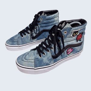 VANS SK8 Hi Top Shoes Womens 8.5 Mens 7 Blue Denim Acid Wash Patches Skateboard